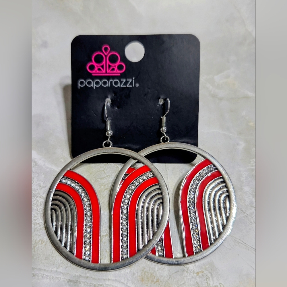 paparazzi Red and Silver Circular Arc Drop Earrings
